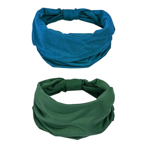 GiLi 2 Pack Wide Headbands for Women Boho African Knotted Non Slip Fashion Hair Bands Yoga Running Sports Workout Gym Head Wraps Elastic Soft Cotton Cloth Turbans Bandana for Girls (Dark Green, Teal) - color: 2 Color (Dark Green+Teal)