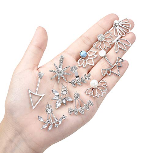 Tornito 6-12 Pairs Lotus Flower Earring Studs Chic CZ Earrings Jackets For Women Silver Rose Gold Tone - color: A:12 Pairs,Silver Tone