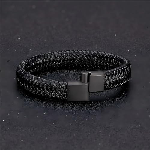 Men's Leather Bracelet, Stackable Stainless Steel Clasp Bracelets for Men Stylish Birthday, Thanksgiving, Valentine's Day Gift for My Man - style: 8.2" Black