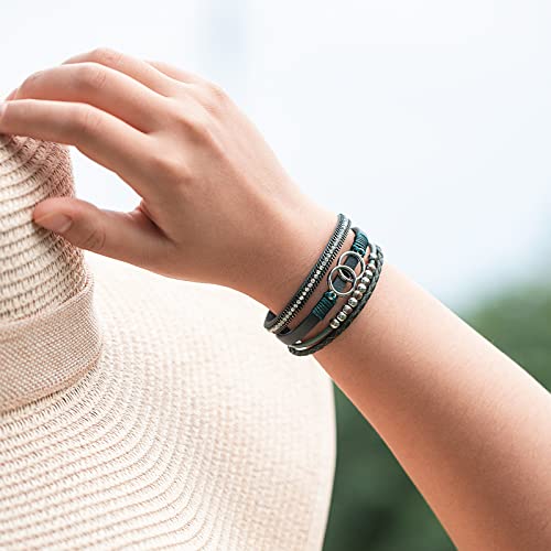 FANCY SHINY Boho Leather Wrap Bracelet Stackable Infinity Chunky Cuff Bracelets Western Hippie Outfits Jewelry Valentine Gifts for Women - color: Olive Green