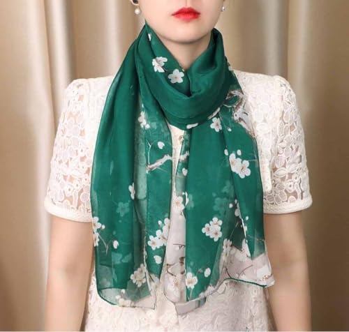 Xyueanlo Women's Chiffon Scarf Lightweight Scarves Fashion Elegant Floral Print Scarfs Shawls - color: Little Plum Blossom Dark Green