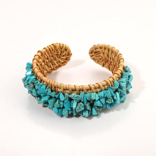 Rattan Bracelet Handmade Lightweight Straw Wicker Braid Cuff Bangle Bracelet Statement Adjustable Bohemian Rattans Woven Chunky Bracelets for Summer Wrist Jewelry - style: Z Rattan Cuff Bracelet Turquoise