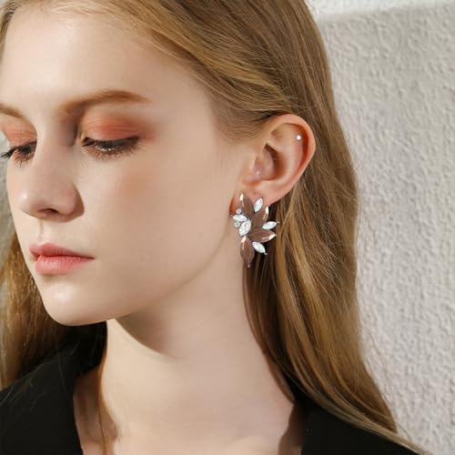 Bohemian Statement Sparkly Colourful Fancy Rhinestone Crystal Flower Dangle Drop Stud Earrings Vintage Wedding Bridal Prom Earrings for Women - color: Brown