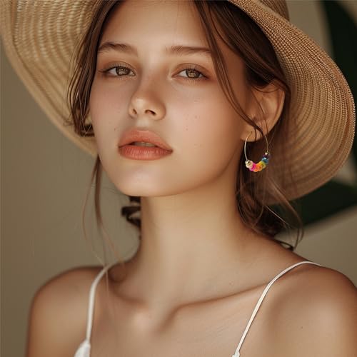 Natural Stone Beaded Hoop Earrings for Women, Boho Handmade Lightweight Hypoallergenic Trendy Summer Beach Accessories Fashion Jewelry Gift - color: multicolor
