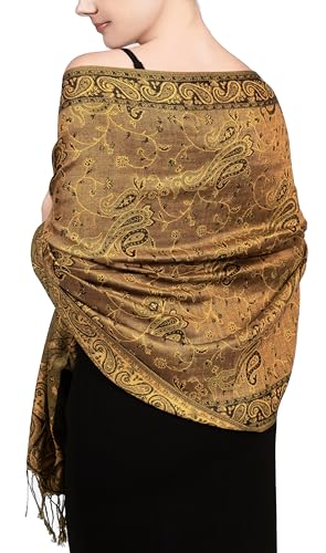 Achillea Reversible Paisley Pashmina Rave Scarf – Exotic Indian Shawls and Wraps for Evening Dresses, Festivals, All Seasons - color: Bronze