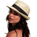 DRESHOW Women Straw Sun Hat Short Brim Panama Travel Fedora Summer Hat Roll Up Beach Cap for Women UPF 50+ - color: Ab Beige G