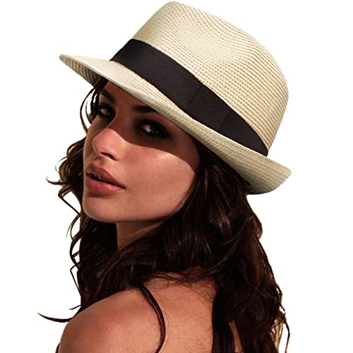 DRESHOW Women Straw Sun Hat Short Brim Panama Travel Fedora Summer Hat Roll Up Beach Cap for Women UPF 50+ - color: Ab Beige G