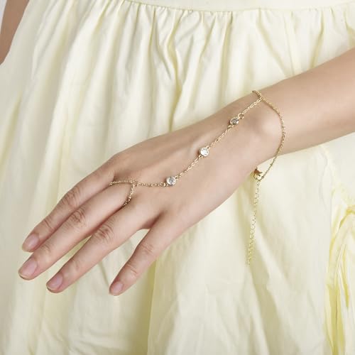 Hand Chain Bracelet Stainless Steel Finger Ring Bracelet Adjustable Gold Plated Hand Chain CZ Stackable Boho Minimalist Jewelry for Women - color: Gold Hand Chain Bracelet AN141G