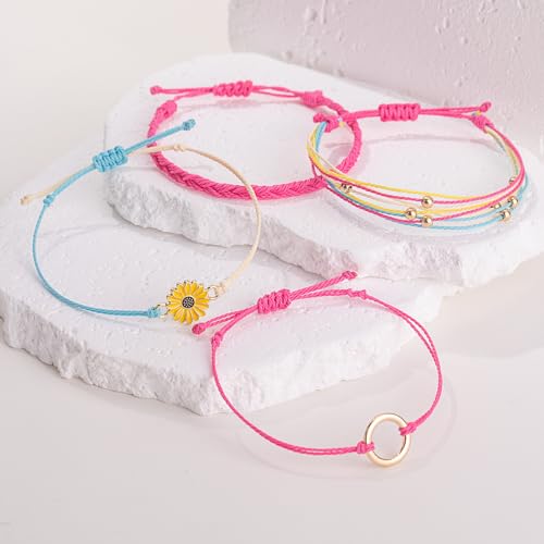 FANCY SHINY Easter Gifts Basket Stuffers Sunflower String Bracelet Boho Braided Rope Wrap Bracelets Cute Summer Beach Surfer Jewelry for Women - color: Hot Pink