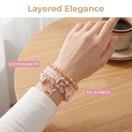 LOTSOF Boho Flower Beaded Bracelet Set for Women - Multilayer Crystal & Flower Charm Stackable Bracelets, Fashion Jewelry Gift for Her - color: Pink Butterfly