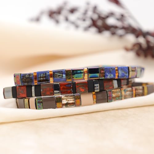 Sonateomber Tila Flat Beaded Stretch Stack Bracelets Set for Women, Trendy Stackable Colorful Glass Square Beads Bracelet Friendship Accessories Jewelry Gift - color: Black Dark Red Gold Blue Gray Pink Brown