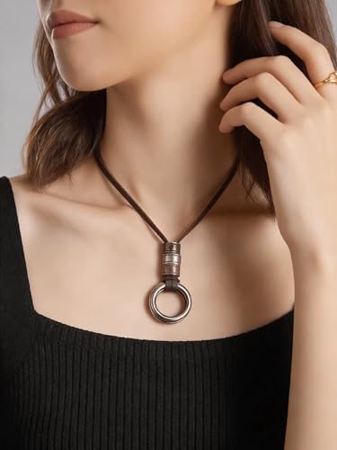 Kelake Leather Necklace for Women Men Teen Vinatge Boho Alloy Pendant Choker Jewelry Fashion Sweater Necklaces with Adjustable Genuine Leather Chain - color: Antique Silver Double Rings Pendant