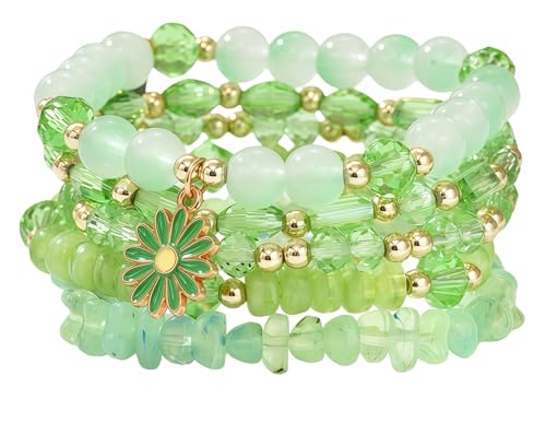 LOTSOF Boho Flower Beaded Bracelet Set for Women - Multilayer Crystal & Flower Charm Stackable Bracelets, Fashion Jewelry Gift for Her - color: Green