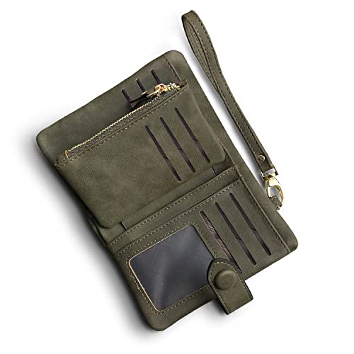 AOXONEL Women's Small Bifold Leather wallet Rfid blocking Ladies Wristlet with Card holder id window Coin Purse - color: Army Green
