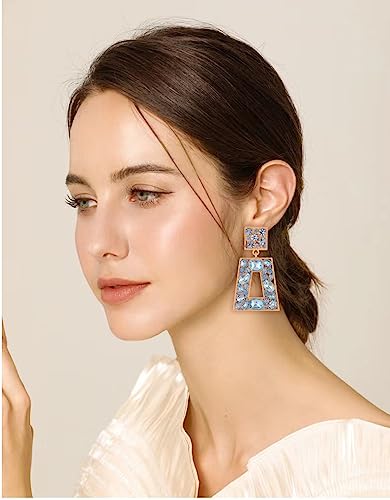 Rhinestone Rectangle Statement Earrings Colorful Crystal Geometric Drop Dangle Earrings for Women Prom Party - color: Light Blue