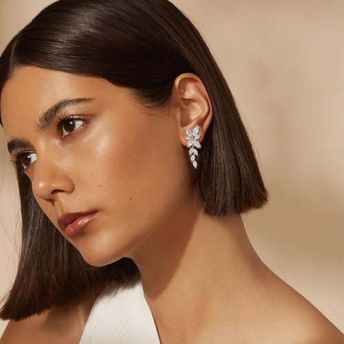 Awinesn Clip on Earrings for Women 925 Sterling Silver Plated Cubic Zirconia Long Tassel Dangle Drop Earrings Non Pierced Earrings for Women Jewelry Gifts Wedding Party - color: leaves 1
