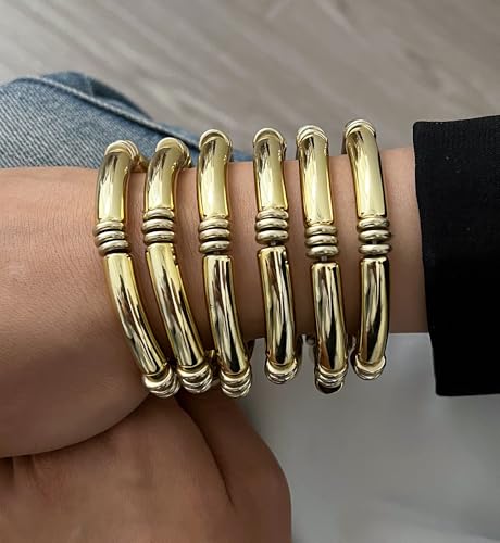 iF YOU 6pcs Chunky Acrylic Bangle Bracelets for Women, Resin Bamboo Brown Stretchy Bracelet Stack, Fashion Jewelry for Women - color: 6 Gold thin acrylic bracelets