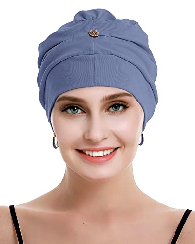 osvyo Cotton Chemo Turbans for Women Cancer Hairloss hat - Cotton Lightweight Headwear Sealed Packaging - color: Cotton Blue Grey