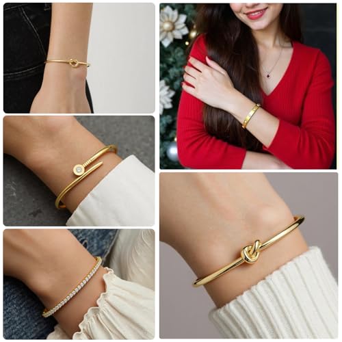 18 K Gold Plated Love Bangle Bracelet Stack Cuff Jewelry for Women Jewelry Set for Women Gift with Box - style: style8