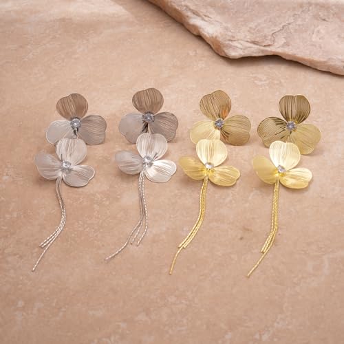 Gold Flower Dangle Long Tassel Earrings for Women Boho Large Metal Drop Hollow Flower Earrings Layered Floral Petal Jewelry - color: Silver