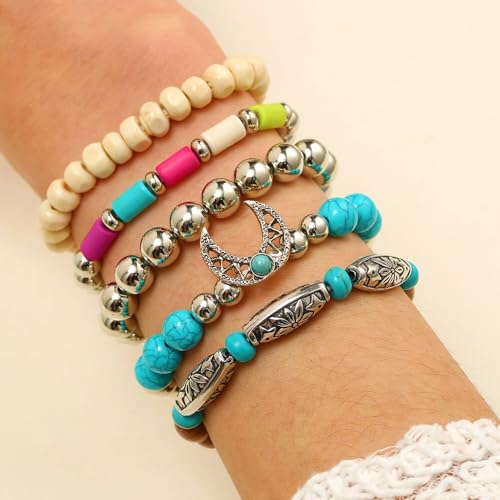 Western Turquoise Beaded Bracelet Stack - Vintage Cowgirl Stretch Set with Bull Skull, Feather & Boot Charms, Handmade Boho Jewelry for Rodeo, Country Concerts & Casual Western Outfits - style: Crescent