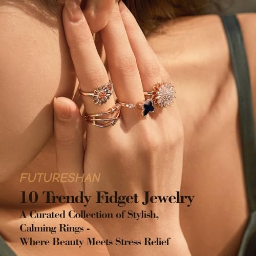 10Pcs Fidget Anxiety Rings for Women Adjustable Spinner Ring Gifts for People With Anxiety Moon Sun Butterfly Galaxy Daisy Flower CZ Stress Relief Calm Rings Jewelry 14K Gold/Silver/Rose Gold Plated - color: Rose Gold Plated