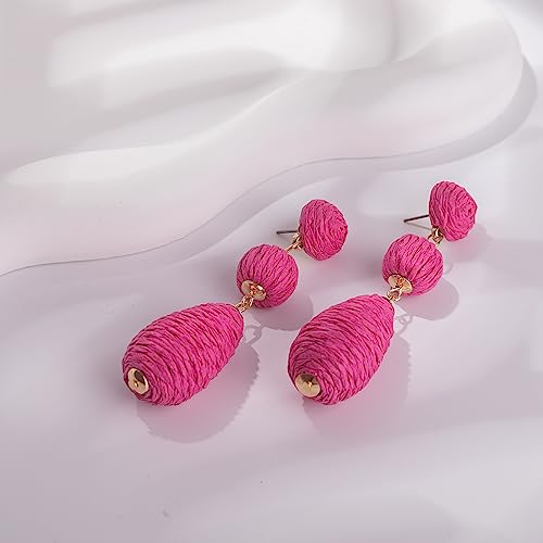 Boho Raffia Earrings Statement Dangle Earrings Cute Teardrop Ball Earrings Colorful Summer Jewelry Handmade Rattan Earrings for Women - color: 3Pink