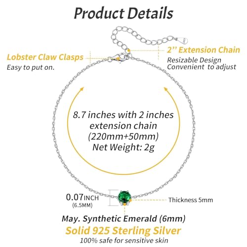ChicSilver 925 Sterling Silver Anklets for Women, Simple Dainty Round/Heart Birthstone Ankle Bracelet Beach Foot Jewelry, 8.7-10.7 Inch Adjustable - color: 05. Round - May(Emerald)
