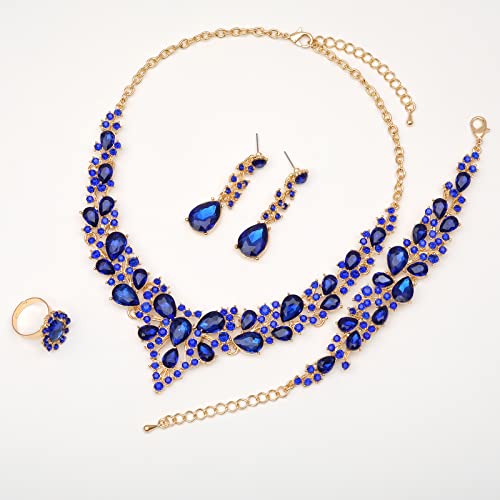 CSY 4 Pcs/Set Austrian Crystal Necklace Earrings Bracelet Ring Bridal Jewelry Sets for Brides Wedding Party Costume Accessories Gifts for Women - color: 02-gold plated-royal blue