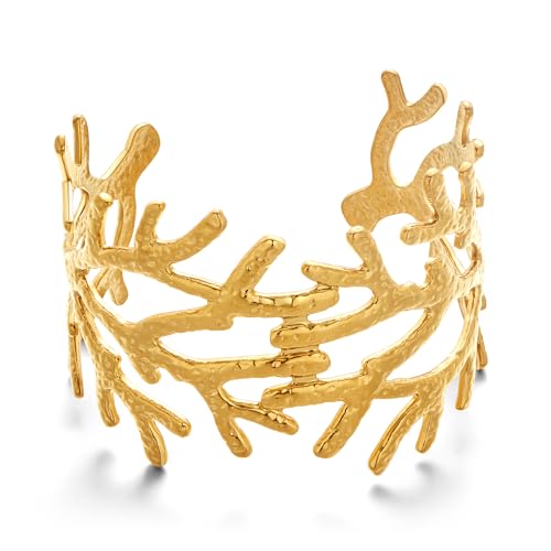 Gold Chunky Cuff Bracelet for Women Coral Ginkgo Leaf Statement Vintage Bracelets Trendy Gold Statement Jewelry - color: coral bracelet