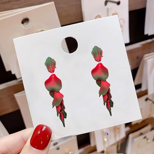 Long Acrylic Rose Petal Earrings Dangle Exaggerated Flower Earrings Drop Statement Floral Tassel Earrings for Women - color: Green + Red