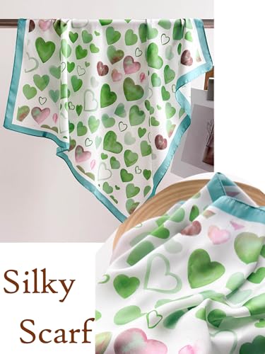 Silky Scarf for Women Lightweight Satin Bandanas Neck Hair Wrap For Sleeping Head Scarves 27.5" - color: A25 Green Heart/27.5"