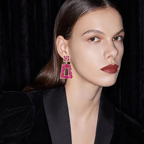 Rhinestone Rectangle Statement Earrings Colorful Crystal Geometric Drop Dangle Earrings for Women Prom Party - color: hot pink