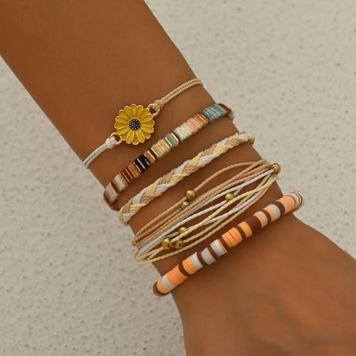 Beach Summer Ankle Bracelet for Women Handmade Braided Adjustable String Anklets Waterproof Surfer Bracelet - color: flower/brown