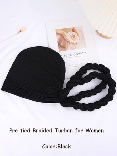 Woeoe Women African Turbans Pre-Tied Twisted Grey Hat Rhinestone Stretchy Head Wrap for Church Party - color: Black
