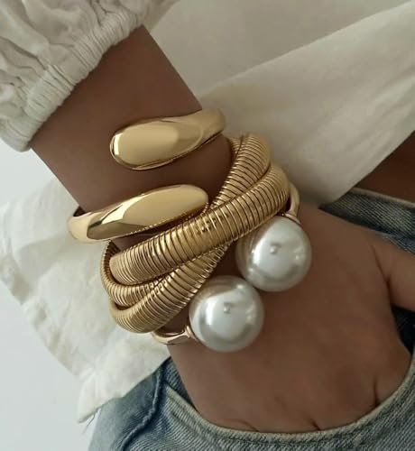 Chunky Gold Bangle Bracelets for Women, Dainty 14k Gold Plated Big Stackable Bangles Set, Trendy Cuff Bracelet Stack Fashion Jewelry Gifts - style: 3 Pearl gold bangles