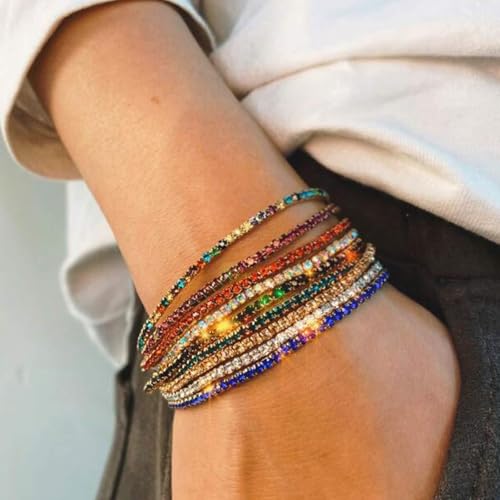 14K Gold Plated Dainty 10Pcs Colorful Cubic Zircon Crystal Beaded Adjustable Stackable Stretch Sparkling Tennis Chain Bracelet Set Birthday Wedding Jewelry for Women - color: mix