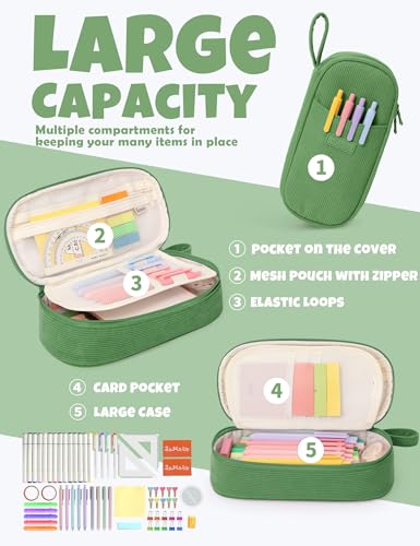 SUNEE Cute Pencil Case, Large Pencil Pouch, Soft Corduroy Fabric Big Pencil Bag with Zipper, Kawaii Pen Bag Stationery Storage and Organizer, School Supplies for Teen, Student, Boys, Girls, Soft Green - color: Soft Green