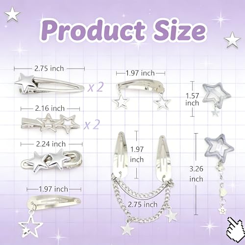 10PCS Y2K Silver Star Hair Clips, 8 Different Shapes Metal Pentagram Barrettes, Punk Kawaii 2000s Hair Clips Cute Y2K Accessories WomenStar Clips Hair for Women and Girls