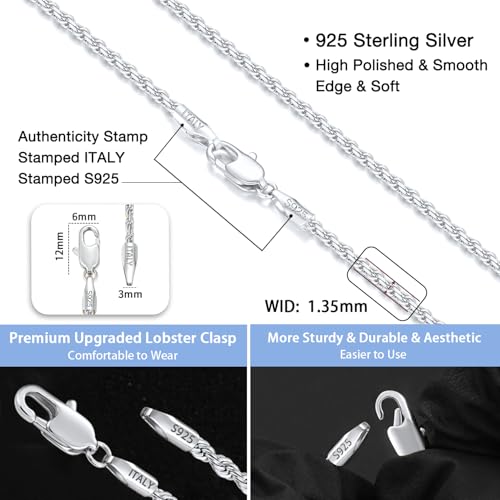 Jewlpire 18K Gold Plated 925 Sterling Silver Chain Necklace for Women, 1.35mm Rope Chain Necklace for Women Men Super Shiny & Durable Women's Chains Necklaces 16 18 20 22 24 26 Inch - color: Shiny Silver, size: 20 Inch