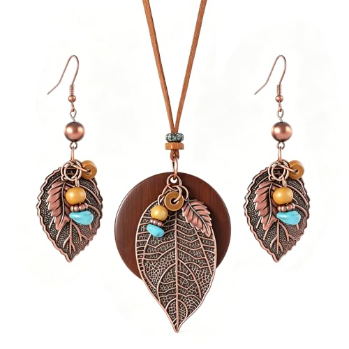 Wooden Leather Necklaces Set Bohemian Wood Stack Discs Long Chain Hemp Rope Bronze Plated Pendant Ethnic Tribal Fall Leaf Earrings Jewelry Statement Necklace - color: R-020