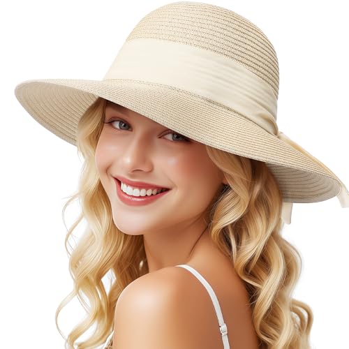 Beach Hats for Women, Sun Straw Hat for Women, UPF 50+ UV Sun Protection Sun Hat Womens, Foldable Floppy Sun Hat - color: Khaki+beige Ribbon