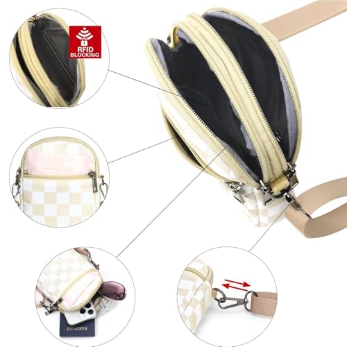 RFID Crossbody Bags For Women Travel, Small Cell Phone Purse - color: Beige Checkered