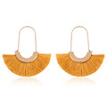 Bohemian Silky Thread Tassel Strand Fringe Statement Hoop Earrings - Lightweight Semi Circle Fan Threader, Mermaid Hoops - color: Fan Tassel Threader - Mustard