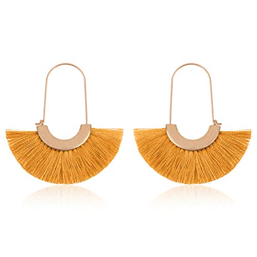 Bohemian Silky Thread Tassel Strand Fringe Statement Hoop Earrings - Lightweight Semi Circle Fan Threader, Mermaid Hoops - color: Fan Tassel Threader - Mustard