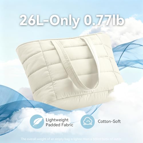 Puffer Tote Bag with Pouch, Women's Lightweight Quilted Shoulder Bag, 15.6"/17.3 Laptop Travel Weekender for Work & Nurses - color: White, size: Large