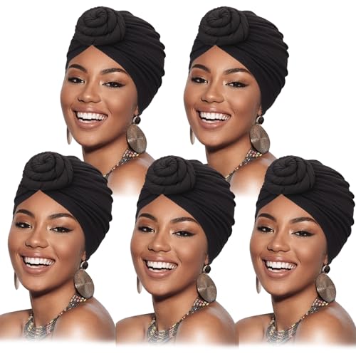 DRESHOW 5 Pack Knotted Headwraps for Women African Turban Pre-Knotted Beanie Headwraps Hair Covers - color: 5 Pack Donuts: Black