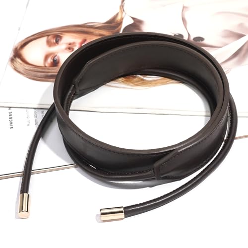 Women PU Leather Tie Waist Belts Knotted Thin Skinny Rope Waistband - color: Coffee