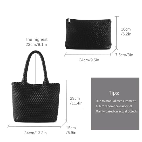Hand Woven Bag Tote BagS For Women Top Handle Shoulder Vegan Leather Large Travel Beach Hobo Handbag - color: Black