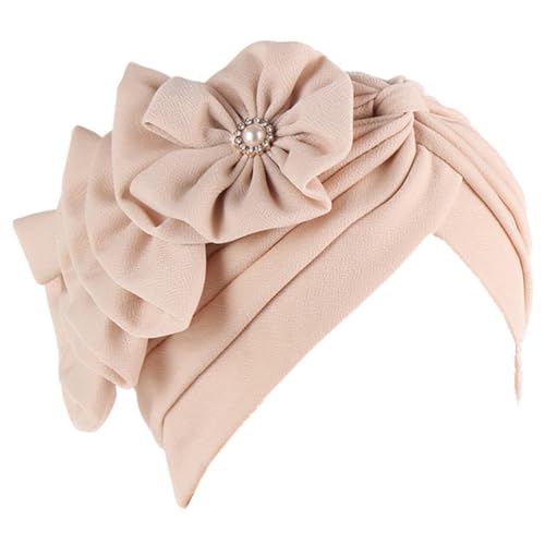 Flower Turban Hats for Women - Ruffle Bead Stretch Solid Caps Chemo Cancer Pre Tied Headscarf Headwear - color: Beige